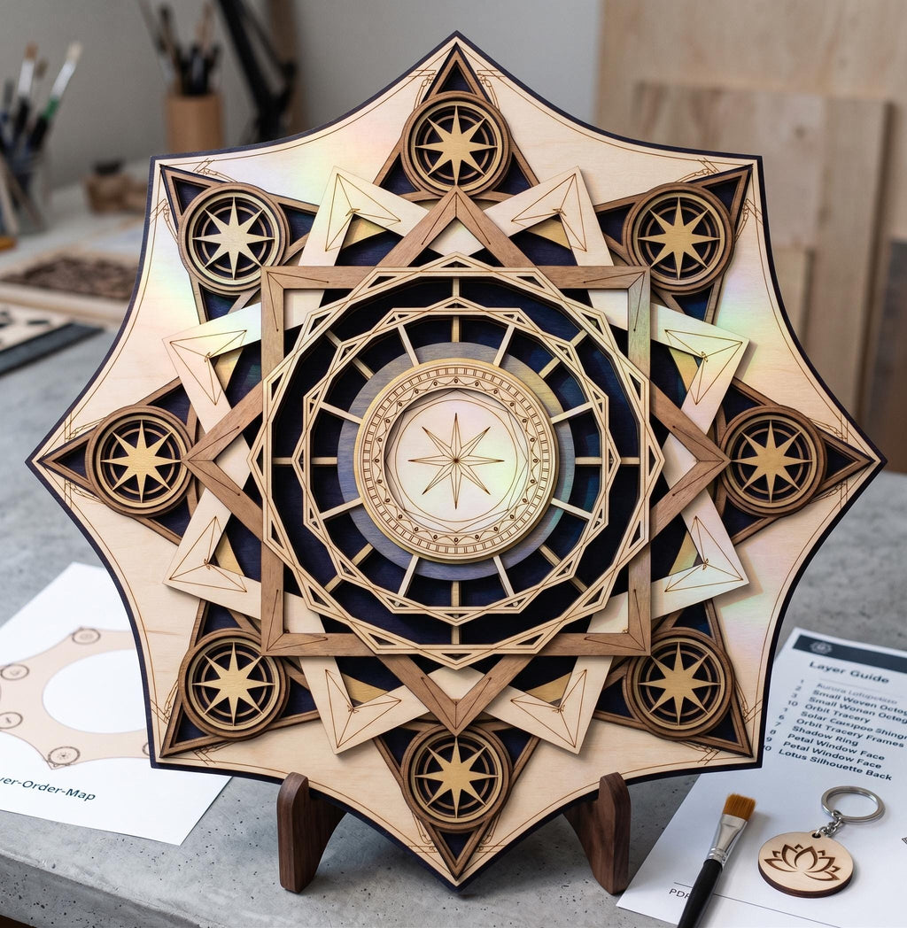 A multi-layered laser-cut wooden mandala art piece stands on a small wooden easel on a table with a paintbrush and layer guide nearby.
