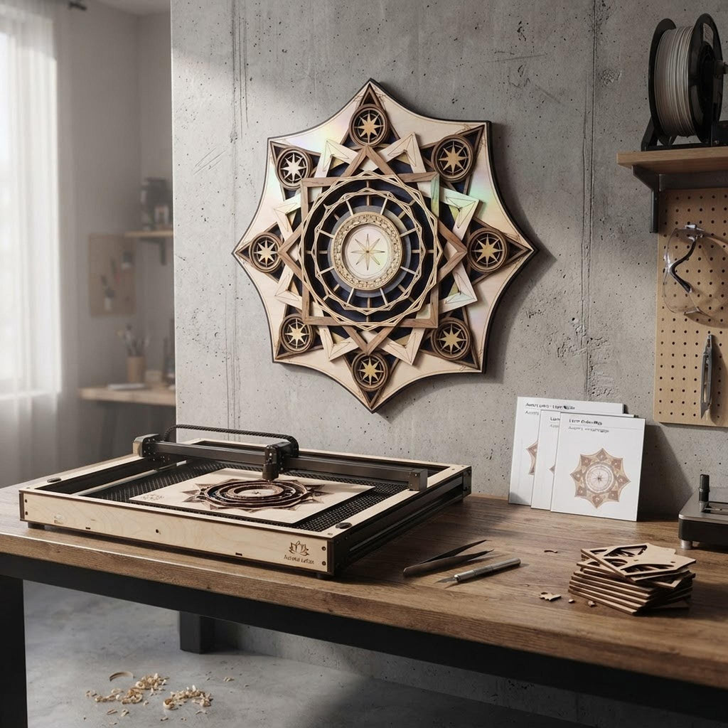 Assembled Aurora Lotus Mandala art displayed in a workshop above a workbench with tools