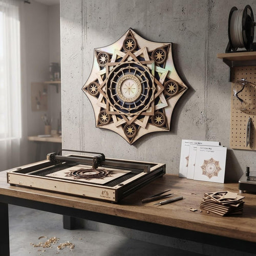 Assembled Aurora Lotus Mandala art displayed in a workshop above a workbench with tools