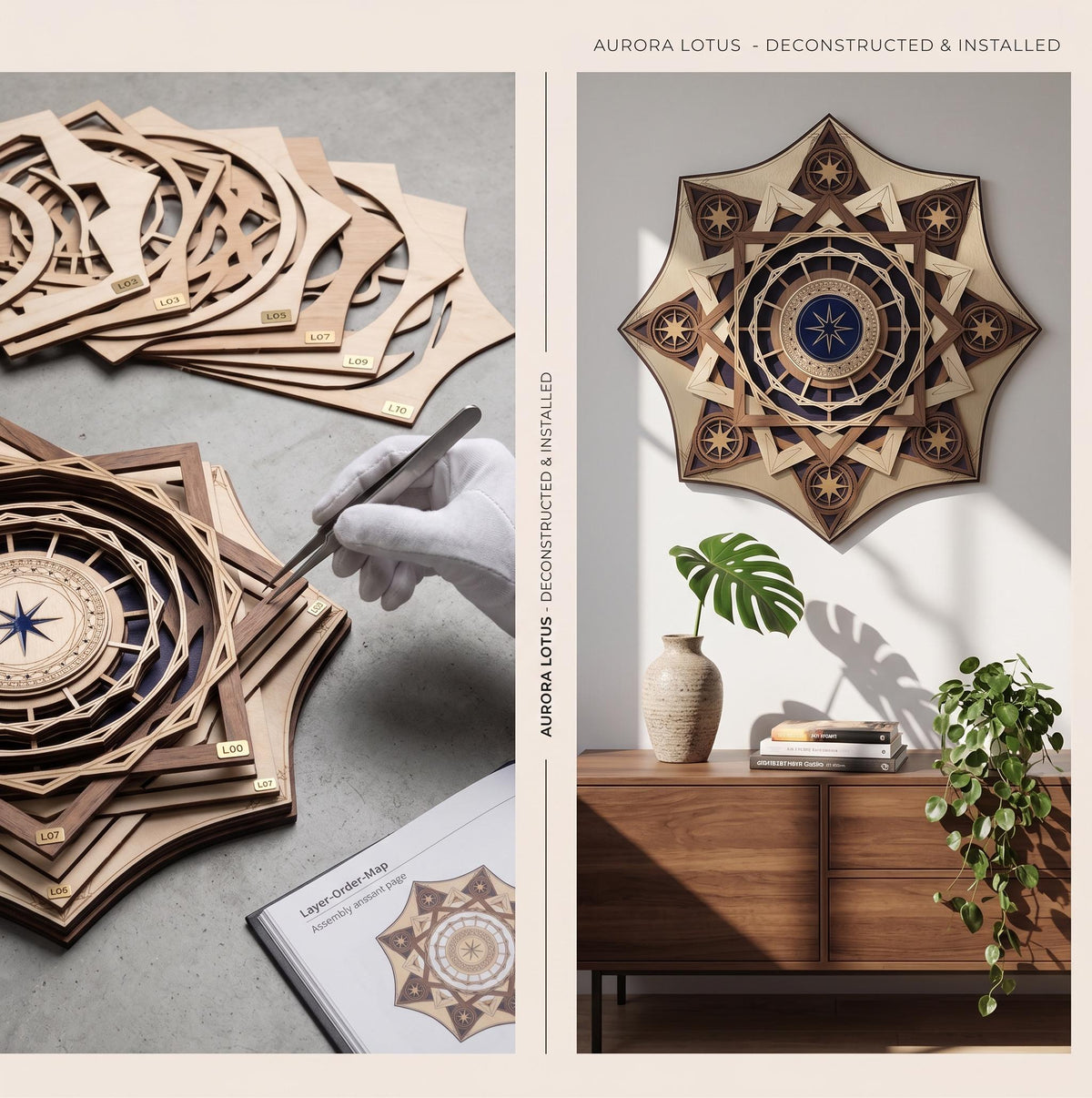A split-screen image showing deconstructed wooden mandala layers being assembled on the left and the fully installed art piece hanging on a wall above a wooden cabinet on the right.
