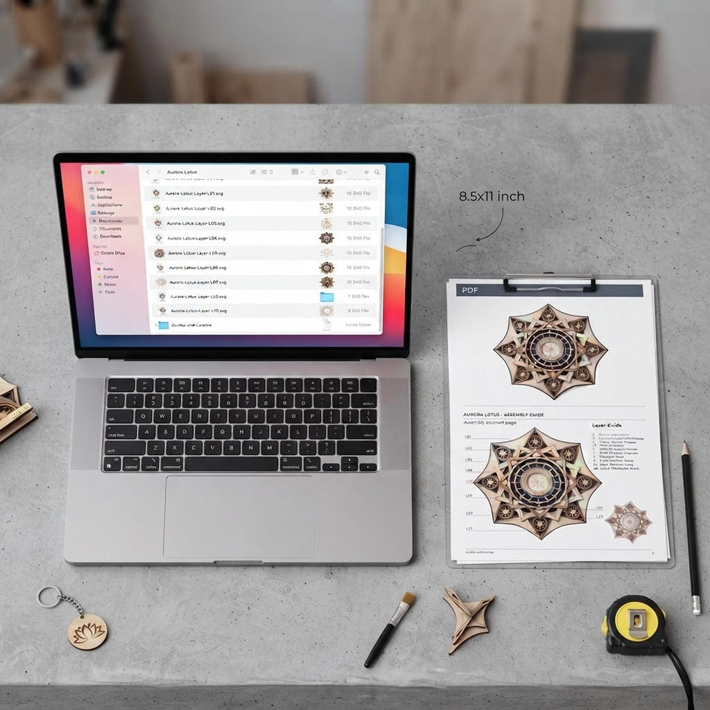 Computer screen showing 10 layered SVG files and PDF assembly guide for the Aurora Lotus Mandala wood art
