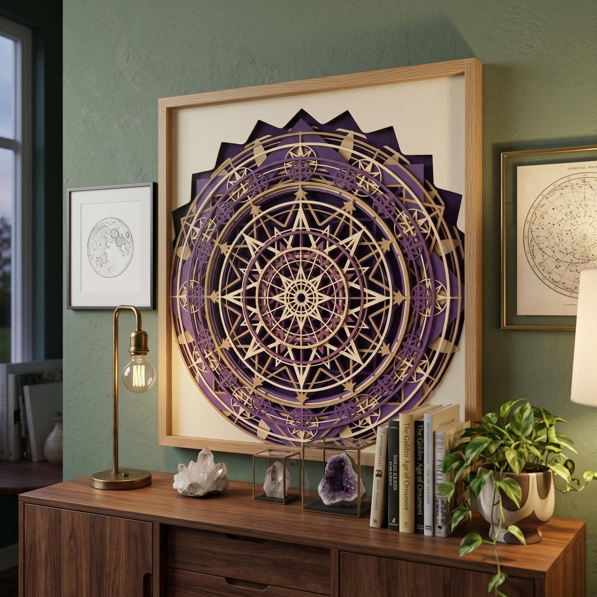 A layered wooden celestial compass mandala in a square frame displayed on a wooden cabinet with crystals, books, and a lamp.