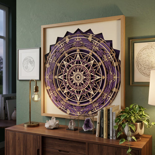 A layered wooden celestial compass mandala in a square frame displayed on a wooden cabinet with crystals, books, and a lamp.