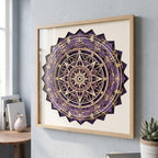 A square framed multi-layer wooden mandala art piece with purple and tan geometric compass patterns hanging on a gray wall.