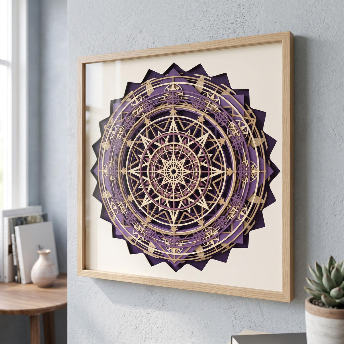 A square framed multi-layer wooden mandala art piece with purple and tan geometric compass patterns hanging on a gray wall.
