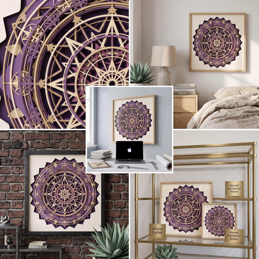 A composite grid showing different angles and settings of the layered purple and wood-toned celestial mandala art piece.