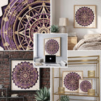 A composite grid showing different angles and settings of the layered purple and wood-toned celestial mandala art piece.