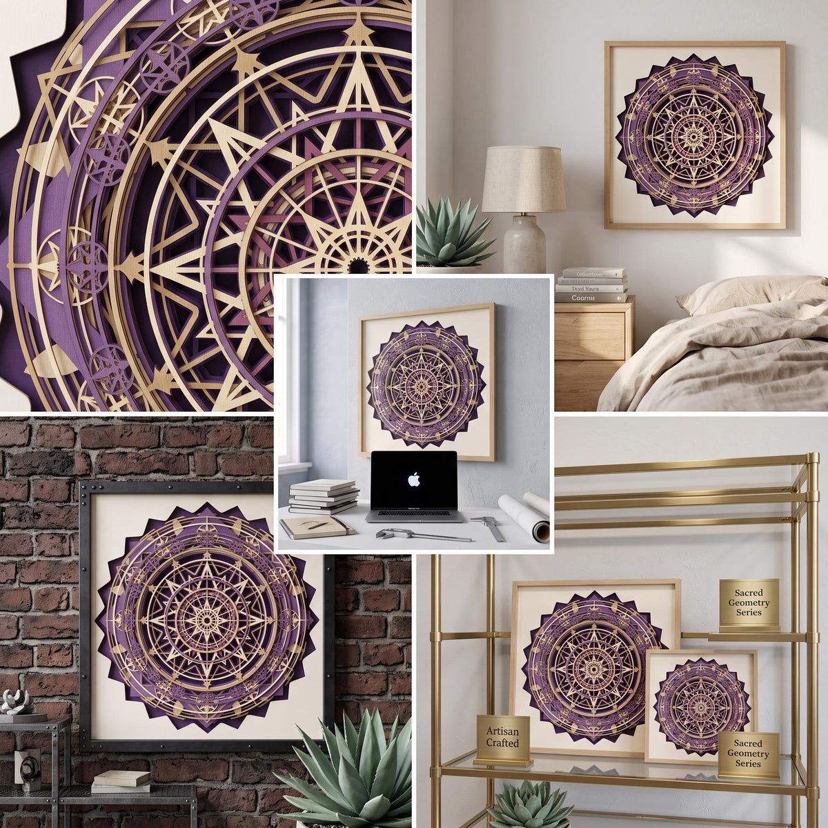 A composite grid showing different angles and settings of the layered purple and wood-toned celestial mandala art piece.