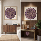 A split view showing the framed purple and wooden celestial mandala hanging in two different brightly lit modern room settings.