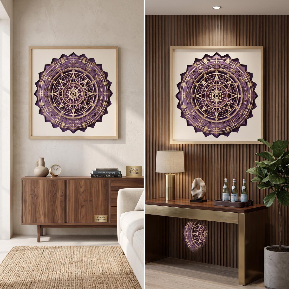 A split view showing the framed purple and wooden celestial mandala hanging in two different brightly lit modern room settings.