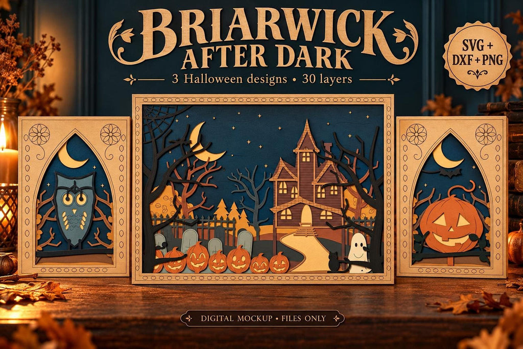 A composite mockup displays the Briarwick After Dark collection featuring a large rectangular Halloween shadow box flanked by two narrower vertical companion panels.