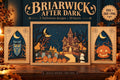 A composite mockup displays the Briarwick After Dark collection featuring a large rectangular Halloween shadow box flanked by two narrower vertical companion panels.