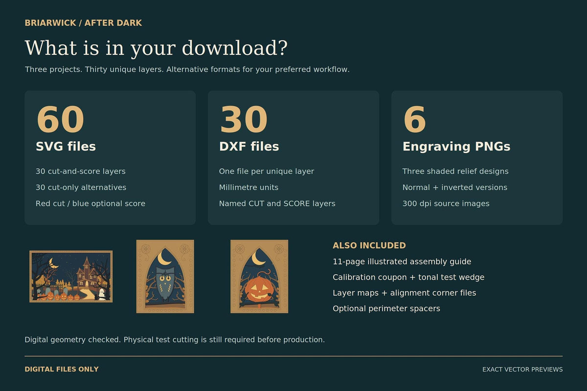 An information graphic details the contents of the download including sixty SVG files, thirty DXF files, six engraving PNGs, and a guide.