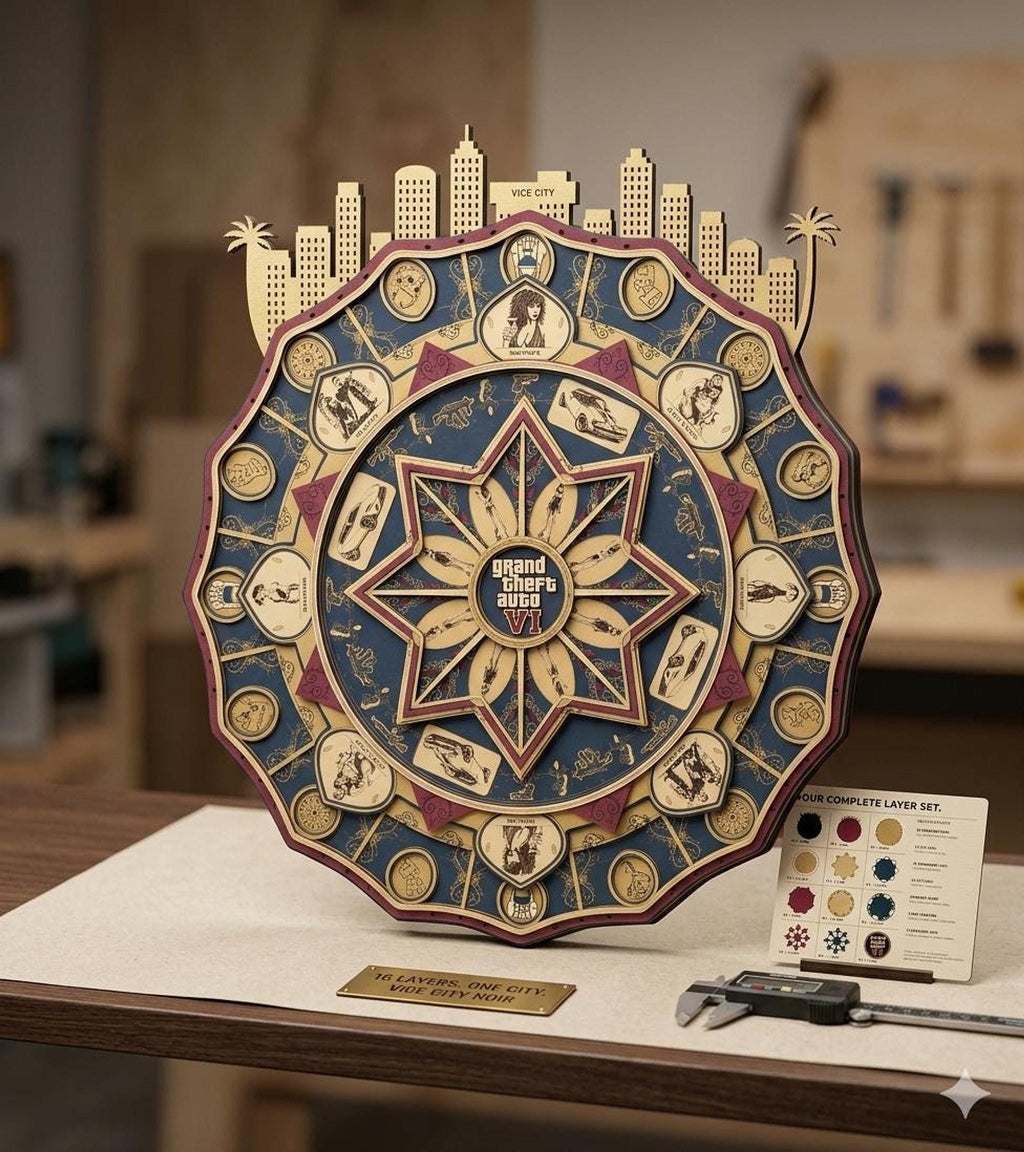A 16-layer laser-cut wooden mandala art piece featuring a Grand Theft Auto VI theme, displayed on a wooden workbench with a color chart and calipers nearby.