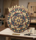 A 16-layer laser-cut wooden mandala art piece featuring a Grand Theft Auto VI theme, displayed on a wooden workbench with a color chart and calipers nearby.
