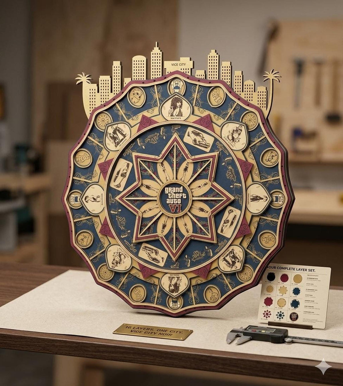A 16-layer laser-cut wooden mandala art piece featuring a Grand Theft Auto VI theme, displayed on a wooden workbench with a color chart and calipers nearby.