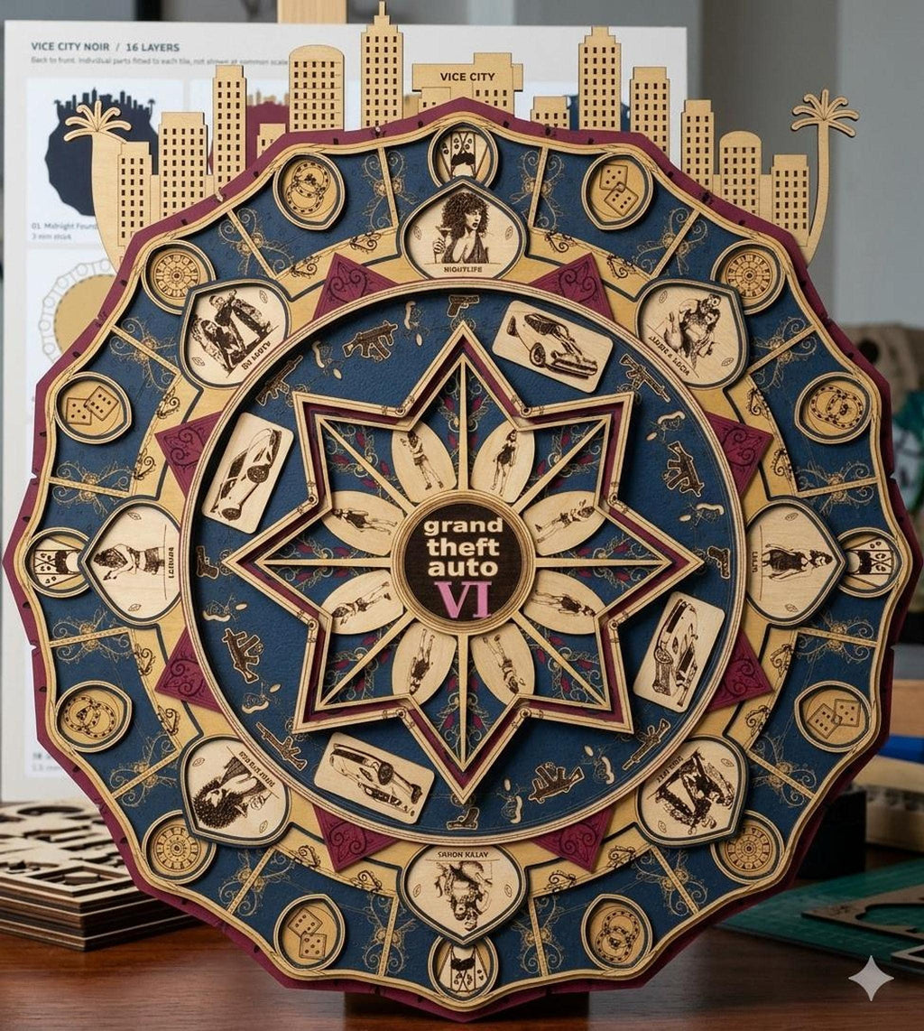 A close-up front view of the multi-layered wooden Grand Theft Auto VI mandala wall art, showing blue and maroon painted accents and circular vignette engravings.