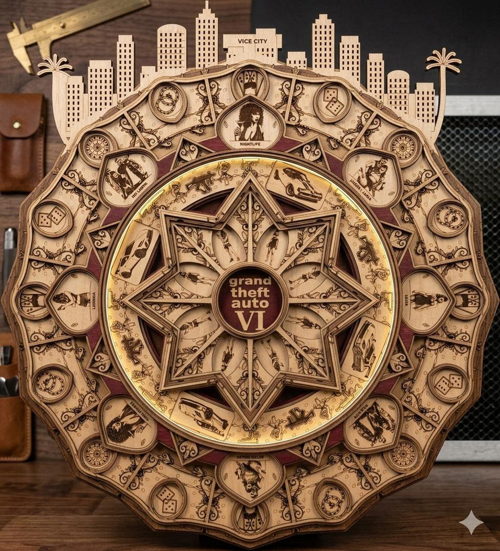 An unpainted natural wood version of the 16-layer Grand Theft Auto VI mandala wall hanging, displaying detailed laser-cut engravings and intricate patterns.