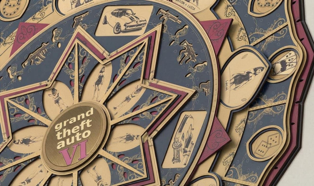 An angled macro view focusing on the central star and layered cutout sections of the Grand Theft Auto VI wooden mandala.