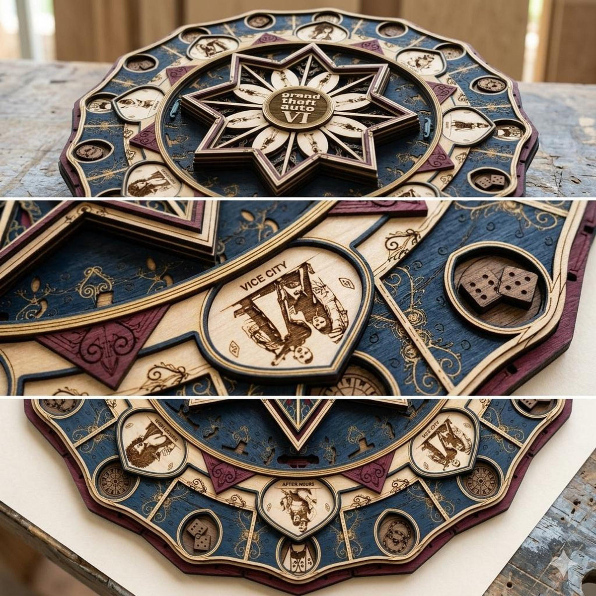A composite image showing three separate close-up angles of the layered wooden mandala, highlighting dice inserts, character artwork, and crown details.