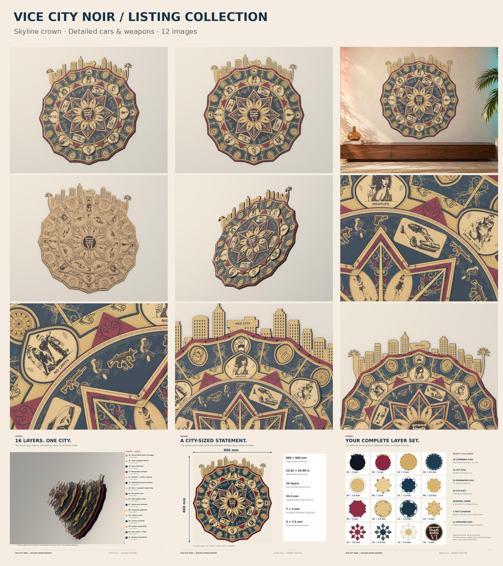 A digital listing overview sheet displaying various layout options, layer breakdowns, color combinations, and specifications for the Vice City Noir wooden mandala.