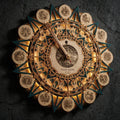 Intricately layered wooden zodiac wall clock with illuminated Celtic-inspired geometric designs, twelve engraved zodiac signs around the outer ring, numbered clock markers, and a central Sagittarius illustration labeled “Your Name,” set against a dark textured wall.