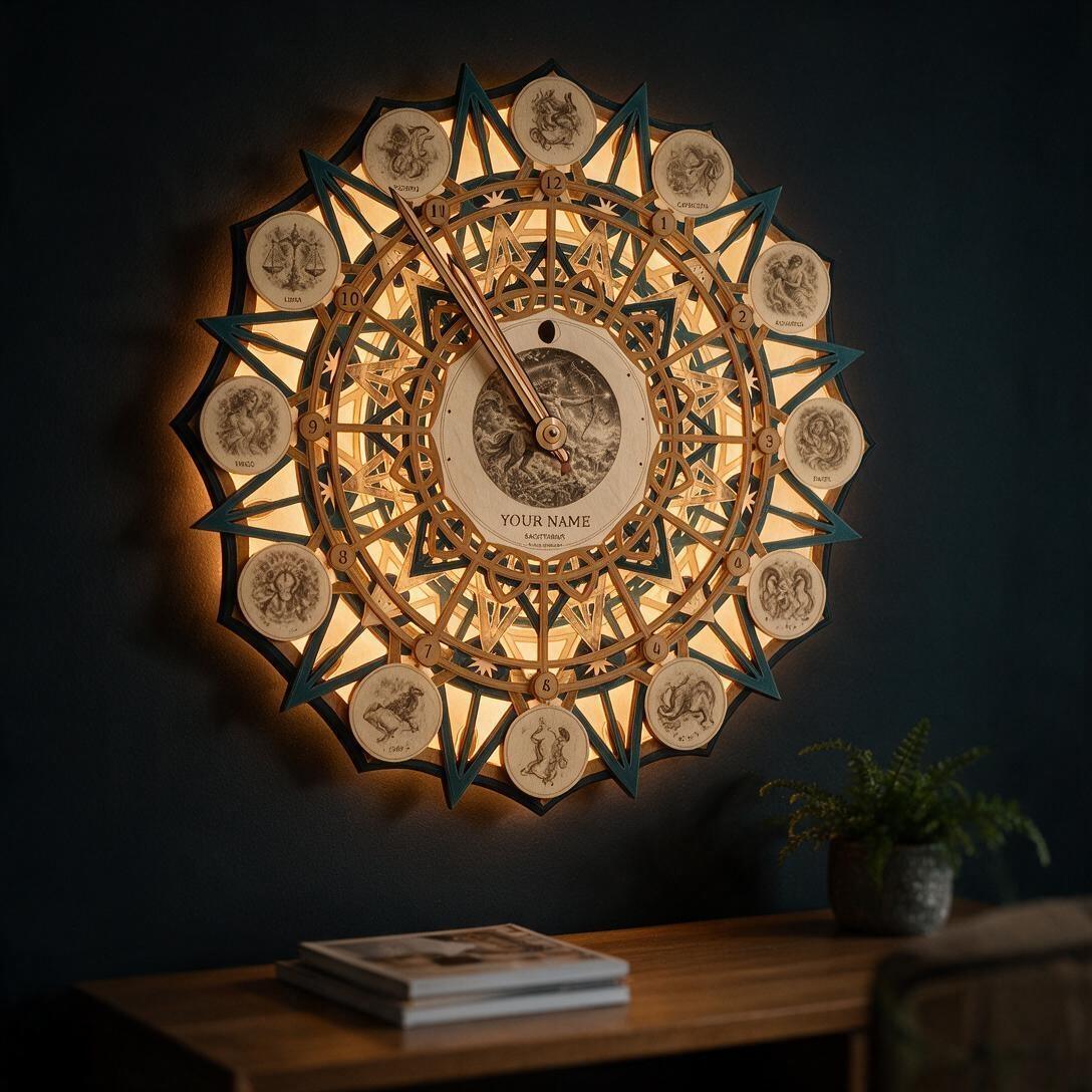 A circular wall clock featuring a layered wooden design with twelve zodiac signs arranged around the perimeter. The center displays a detailed illustration, the text "YOUR NAME," and two clock hands. The clock is backlit with warm light.
