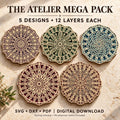 Five layered wooden mandala designs in purple, green, blue, maroon, and brown displayed on a textured beige surface with text reading The Atelier Mega Pack.