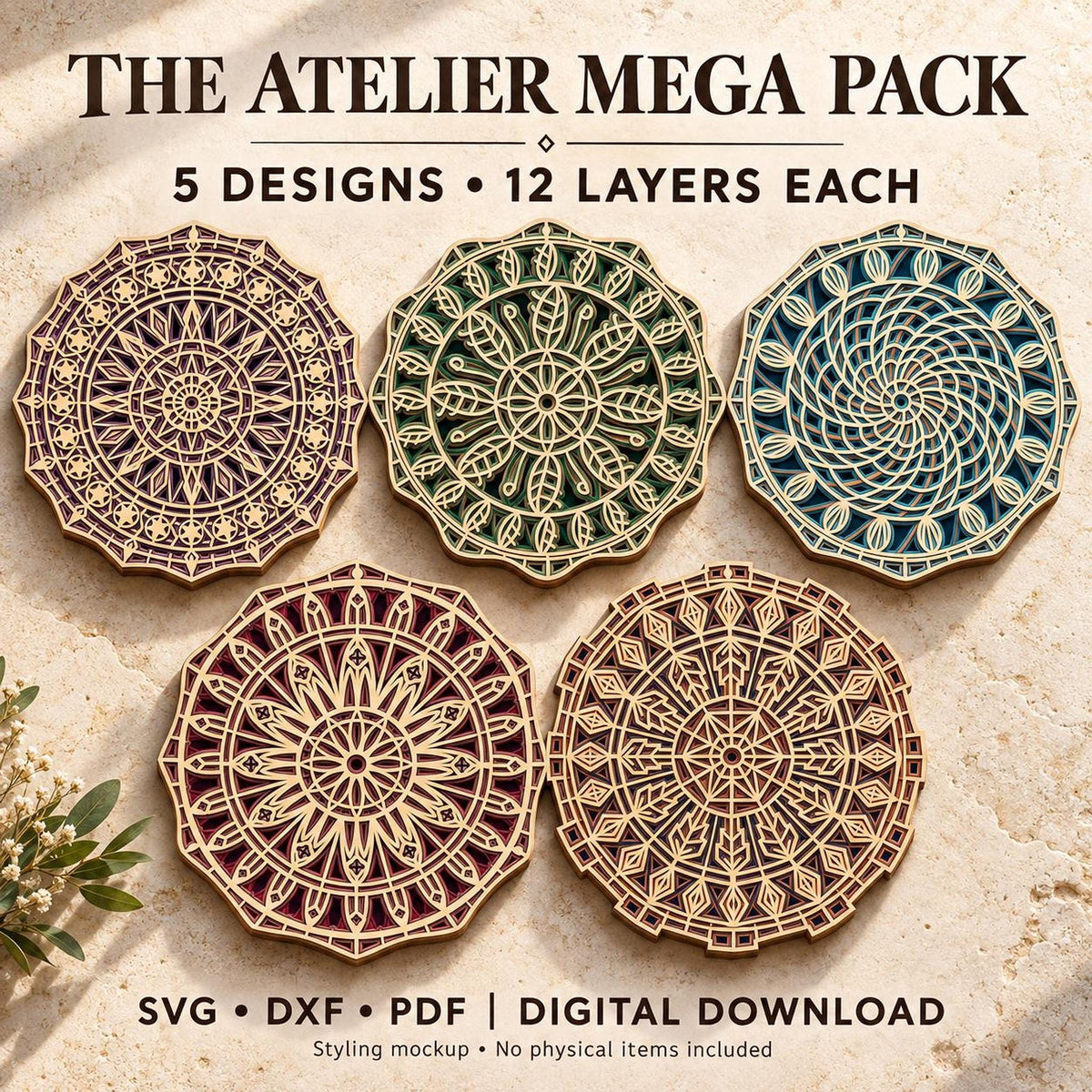 Five layered wooden mandala designs in purple, green, blue, maroon, and brown displayed on a textured beige surface with text reading The Atelier Mega Pack.