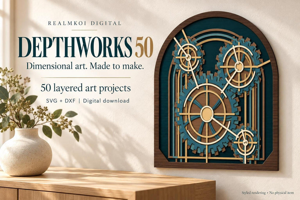 A layered wooden gear art piece hangs on a pale wall next to a vase with eucalyptus branches and a wooden surface.