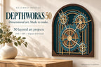 A layered wooden gear art piece hangs on a pale wall next to a vase with eucalyptus branches and a wooden surface.