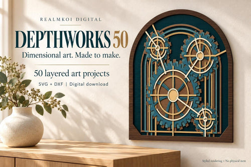 A layered wooden gear art piece hangs on a pale wall next to a vase with eucalyptus branches and a wooden surface.