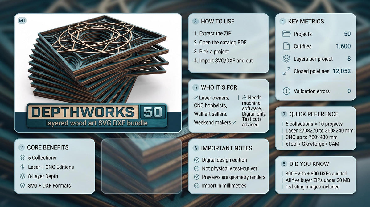 An informational graphic details a digital bundle containing 50 layered wood art projects with metric specifications and core benefits.