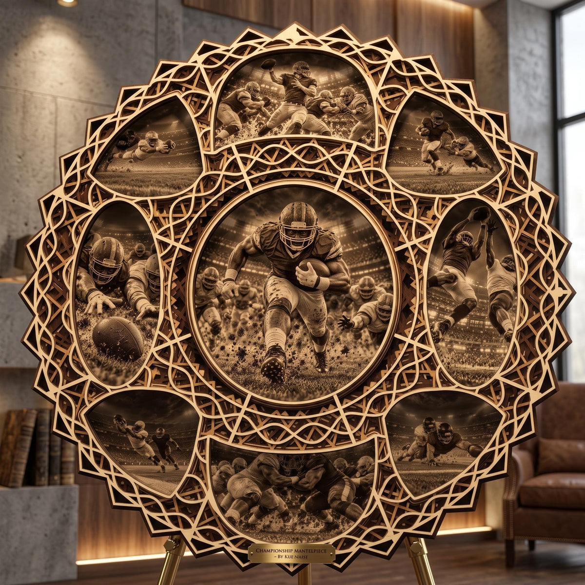 A large round layered wooden football mandala displayed on a stand in a modern interior setting.