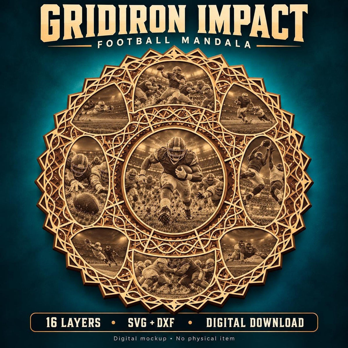 A layered wooden football mandala wall art featuring a central football player engraving and surrounding action scenes, with text at the top and bottom.