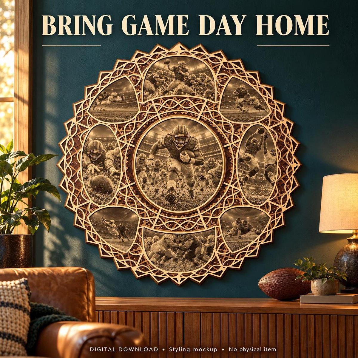 A layered wooden football mandala wall art hanging on a dark teal wall above a wooden media console.