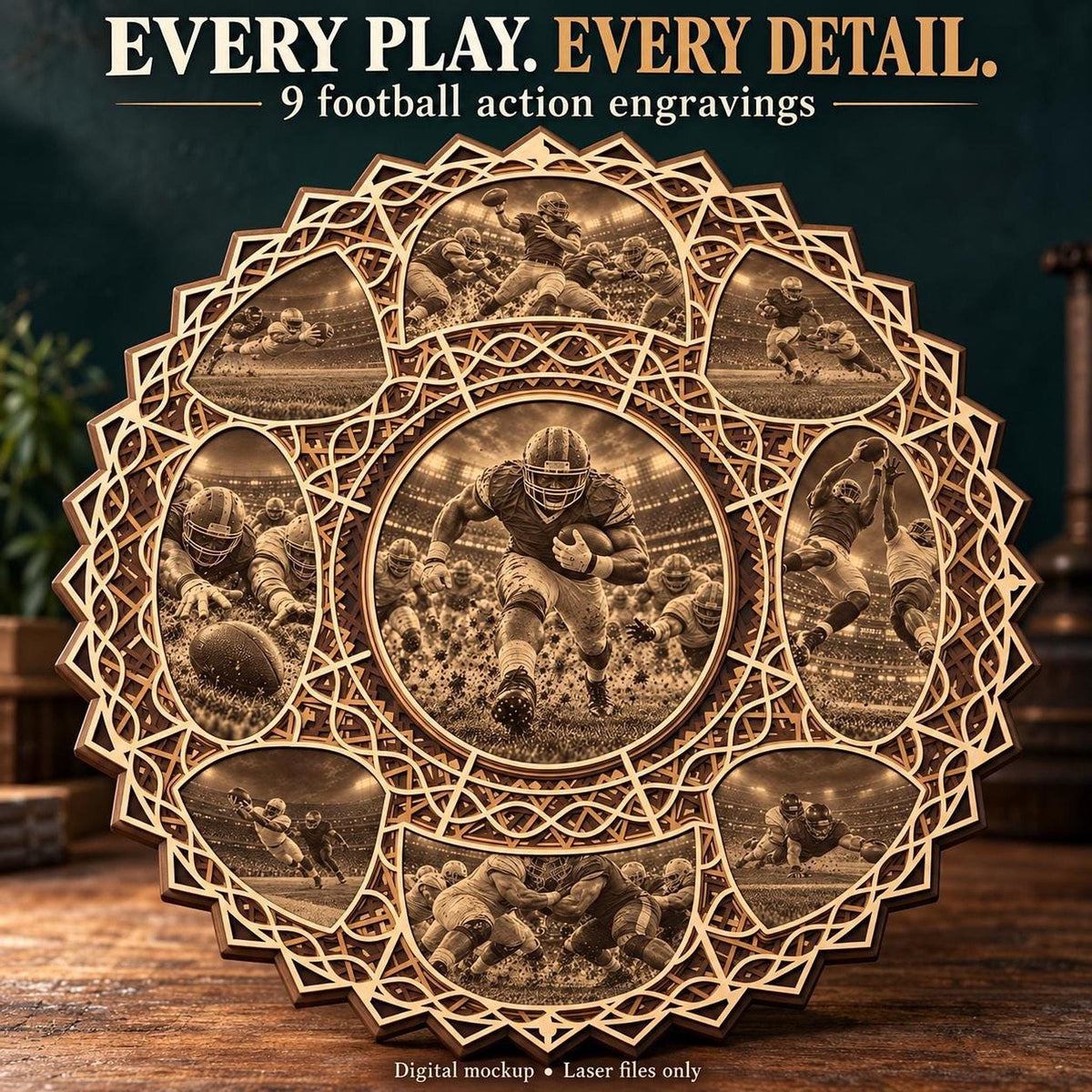 A close-up shot of the layered wooden football mandala resting on a wooden surface against a dark background.