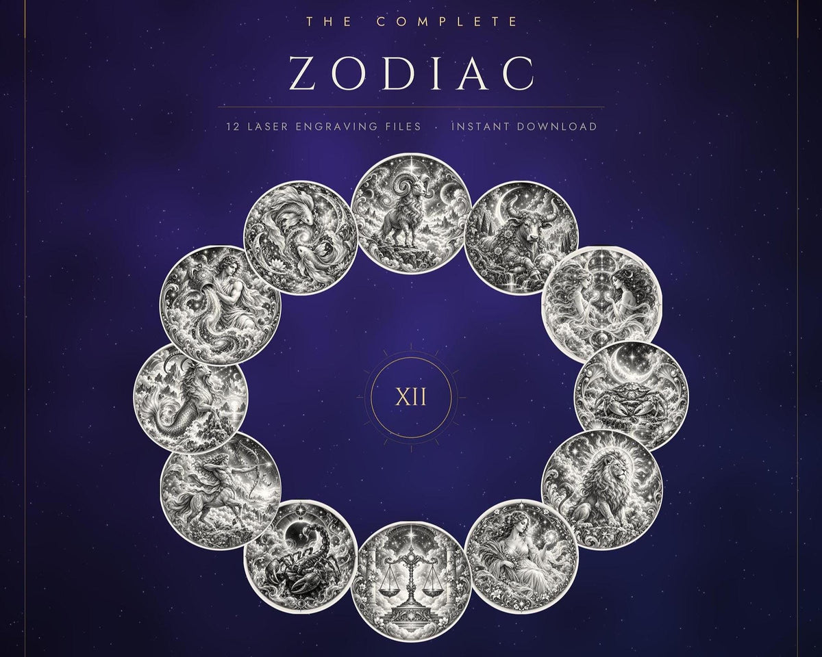 A promotional graphic displaying twelve circular zodiac sign engravings arranged in a circle with the Roman numeral XII in the center against a dark starry background.