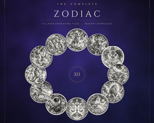 A promotional graphic displaying twelve circular zodiac sign engravings arranged in a circle with the Roman numeral XII in the center against a dark starry background.