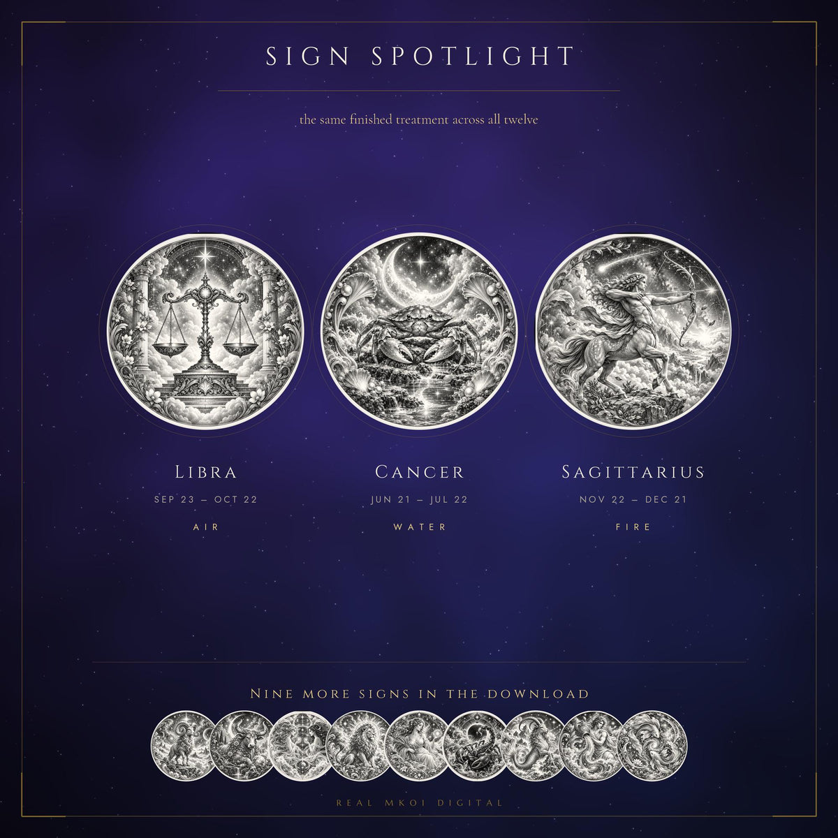 A graphic highlighting the Libra, Cancer, and Sagittarius zodiac signs with their dates and elements listed below each circular engraving.