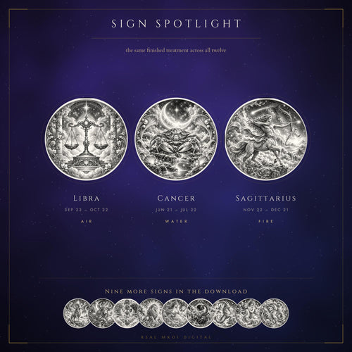 A graphic highlighting the Libra, Cancer, and Sagittarius zodiac signs with their dates and elements listed below each circular engraving.