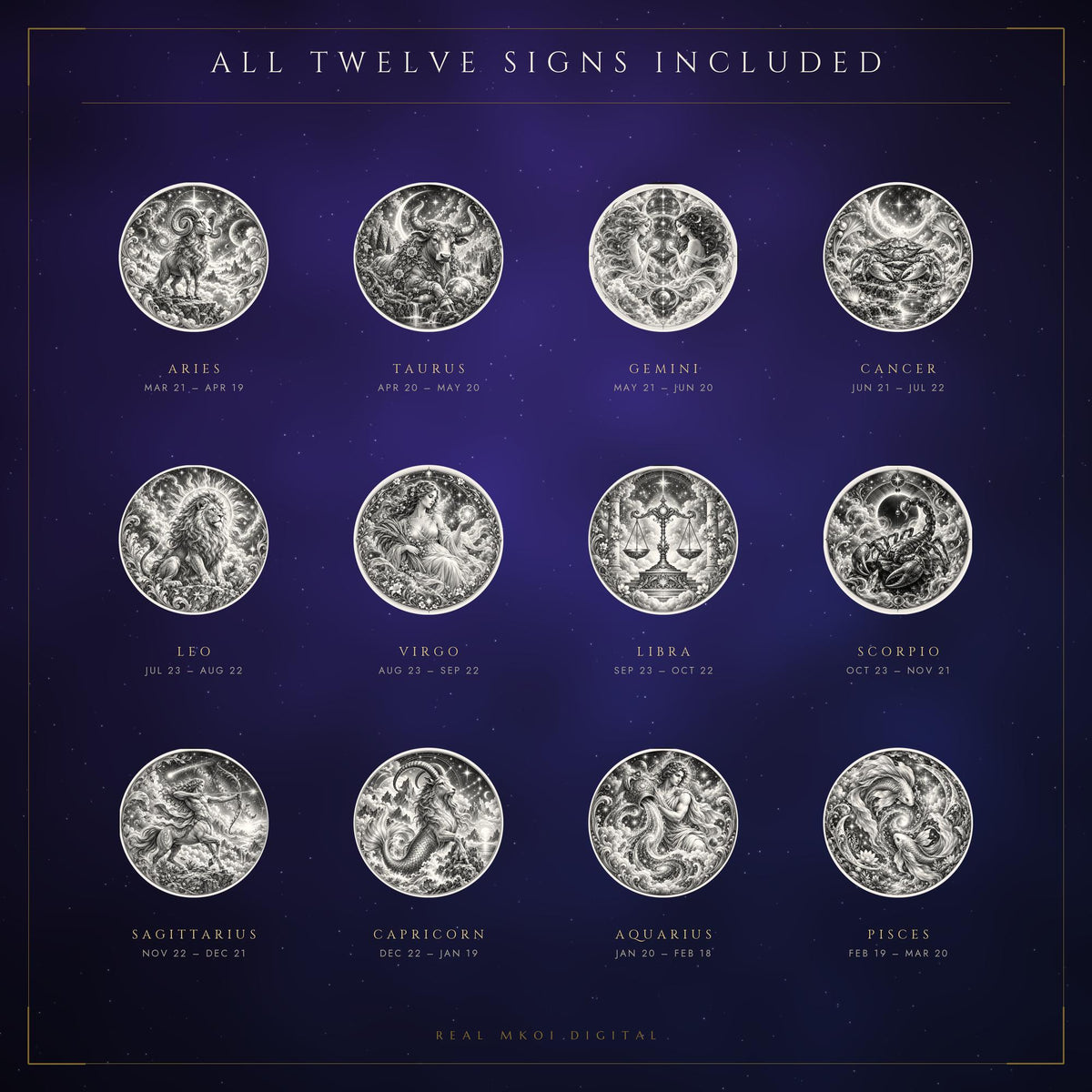 An overview graphic displaying all twelve circular zodiac sign engravings arranged in three rows with their names and dates.