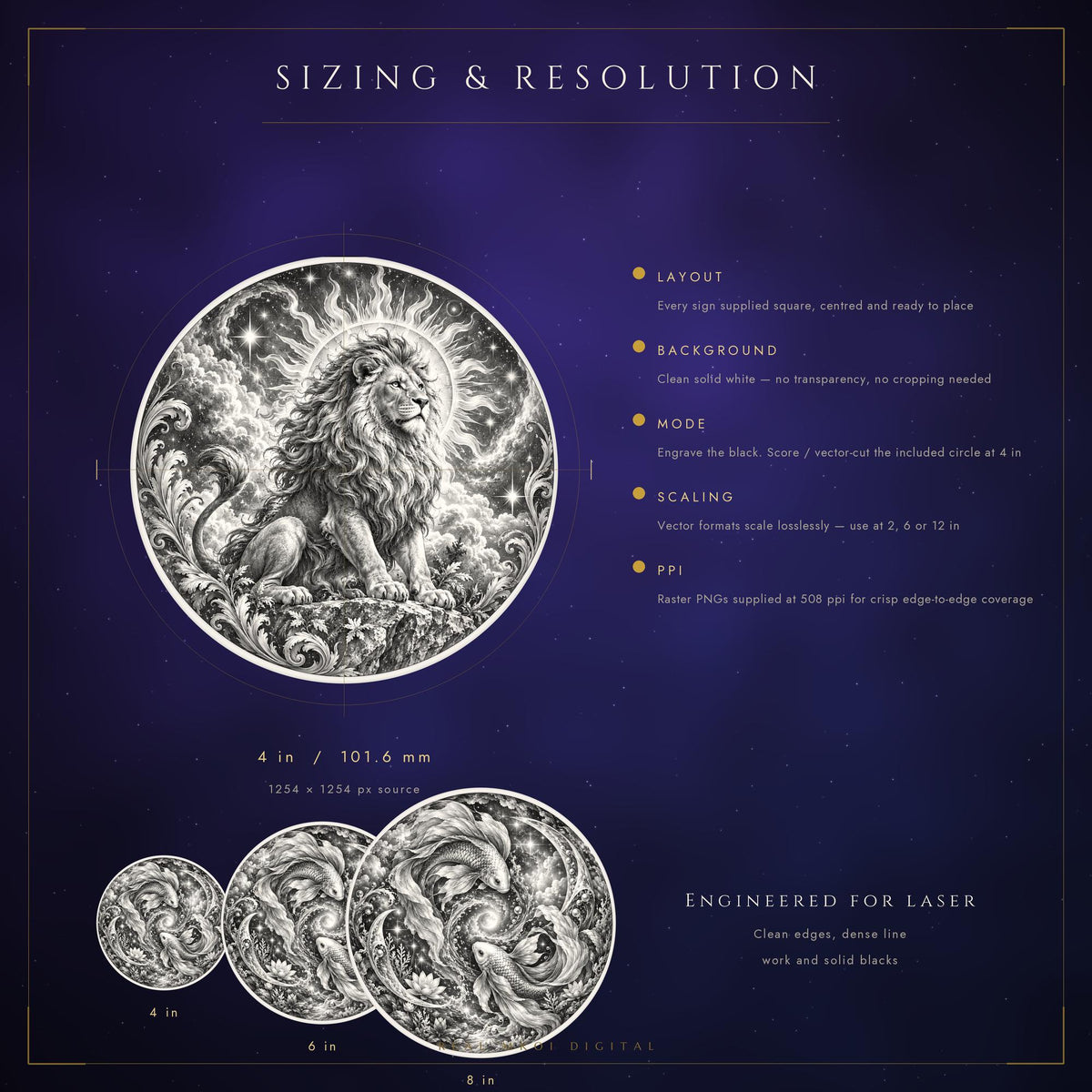 A sizing and resolution specification graphic showing a detailed Leo engraving and dimension circles labeled for four, six, and eight inches.