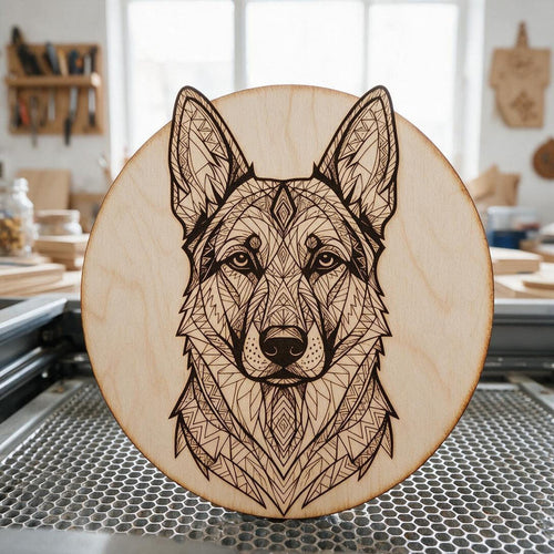 A round light wood plaque engraved with a geometric mandala portrait of a German Shepherd dog.