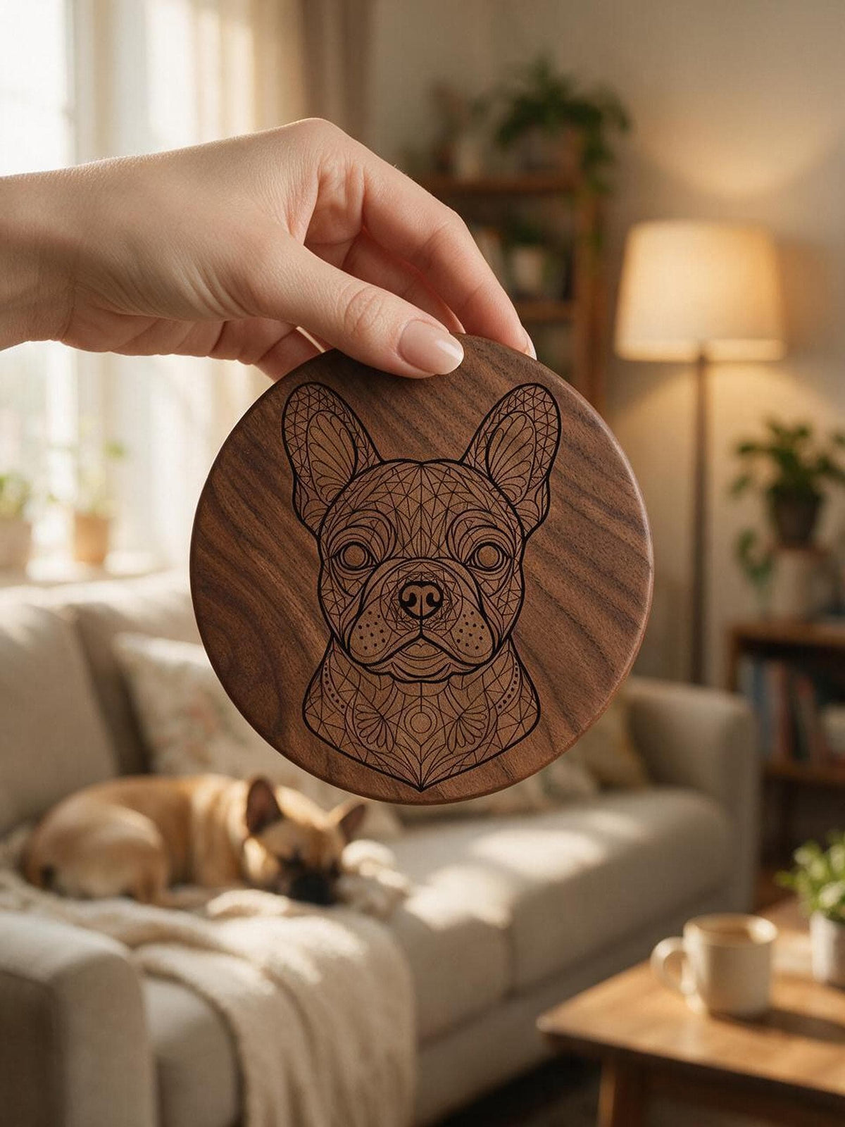 A hand holds a round dark wood coaster engraved with a geometric mandala portrait of a French Bulldog.