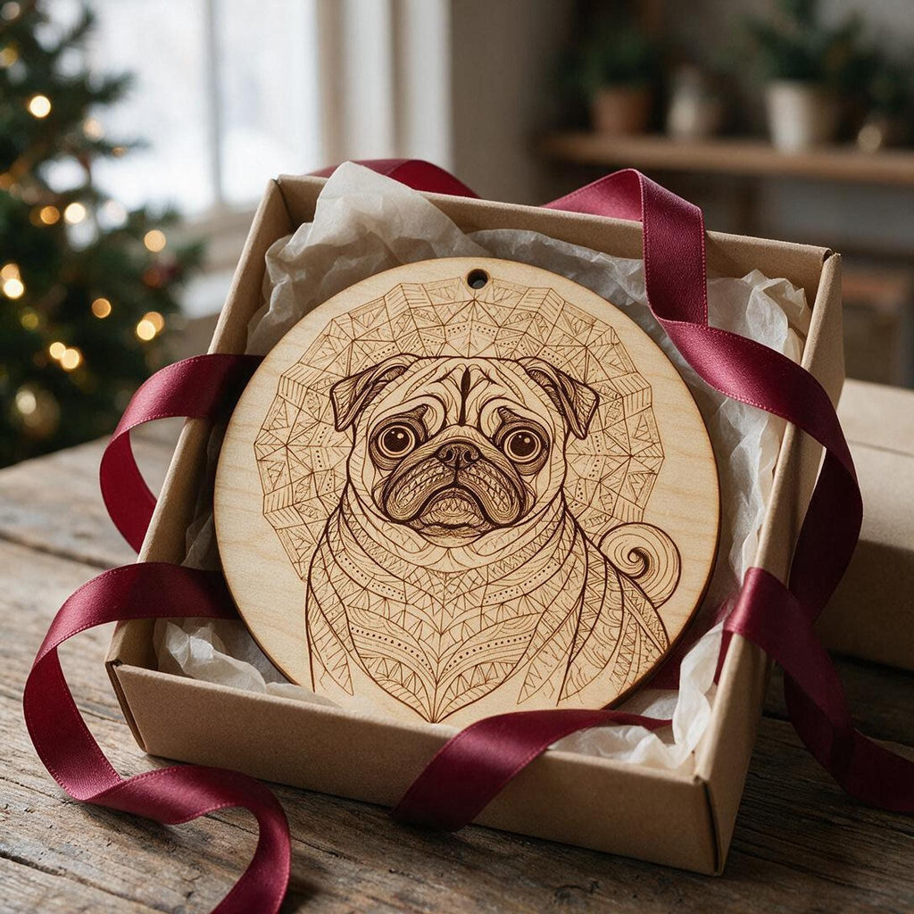 A round light wood ornament engraved with a pug mandala design sits inside an open gift box tied with a maroon ribbon.
