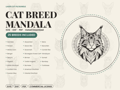 A digital promotional graphic for a 25 cat breed mandala laser cut file bundle showing a list of breeds and a sample geometric cat illustration.
