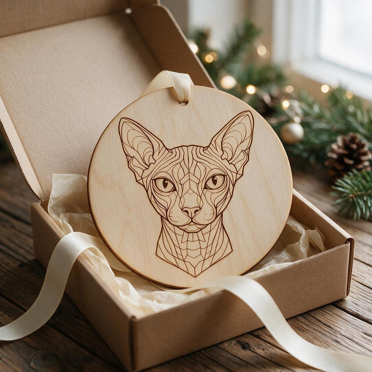 A round wooden ornament laser-engraved with a geometric Sphynx cat design resting inside an open gift box lined with tissue paper.