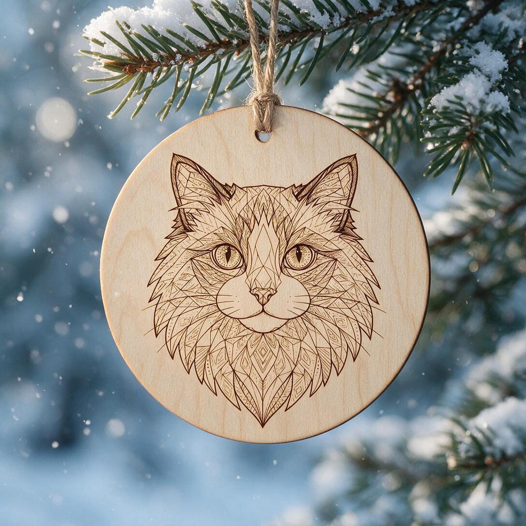 A round wooden ornament with an engraved geometric cat face hanging from a pine tree branch covered in snow.