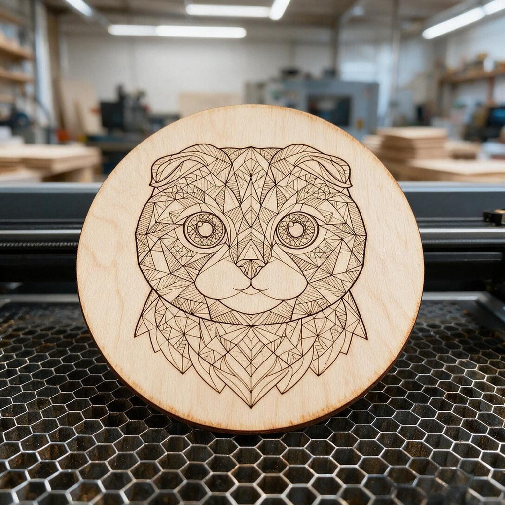 A round wooden ornament laser-cut and engraved with a geometric Scottish Fold cat face, resting on a honeycomb laser bed.